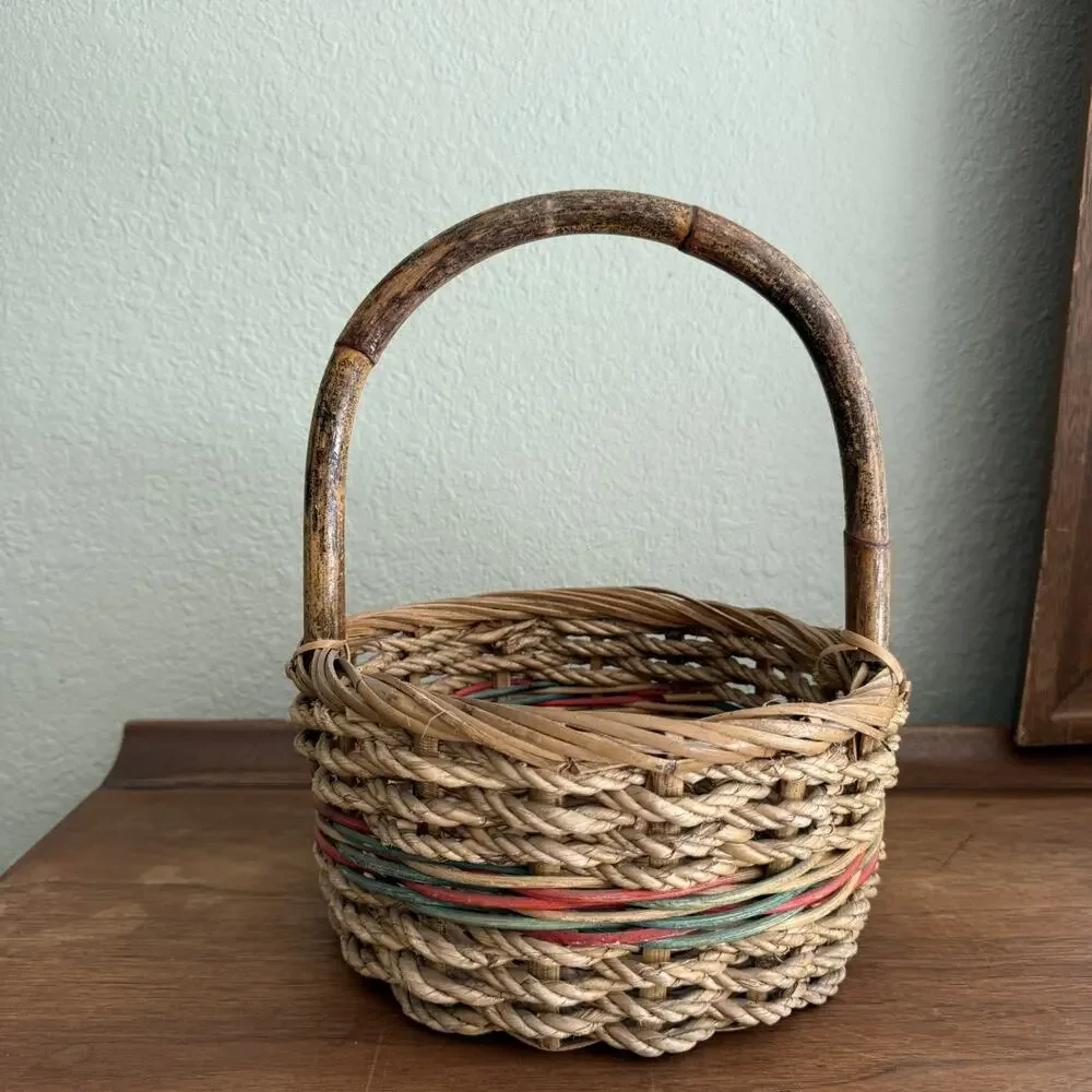 Vintage Brown Natural Woven Ratten Storage Basket Medium Round With Handle